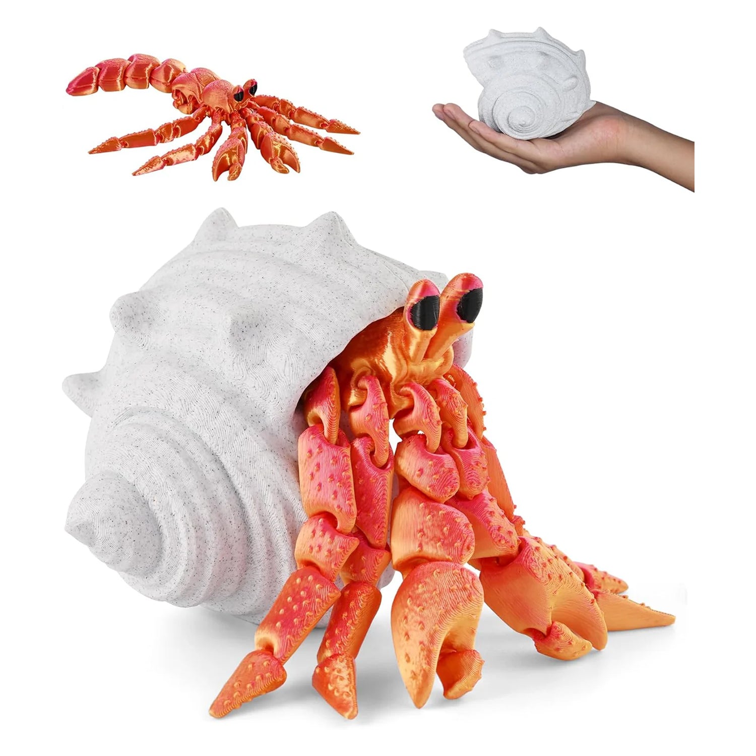 3D printed 7.8-inch movable hermit crab with combinable shell, a collectible gift for animal lovers (red).