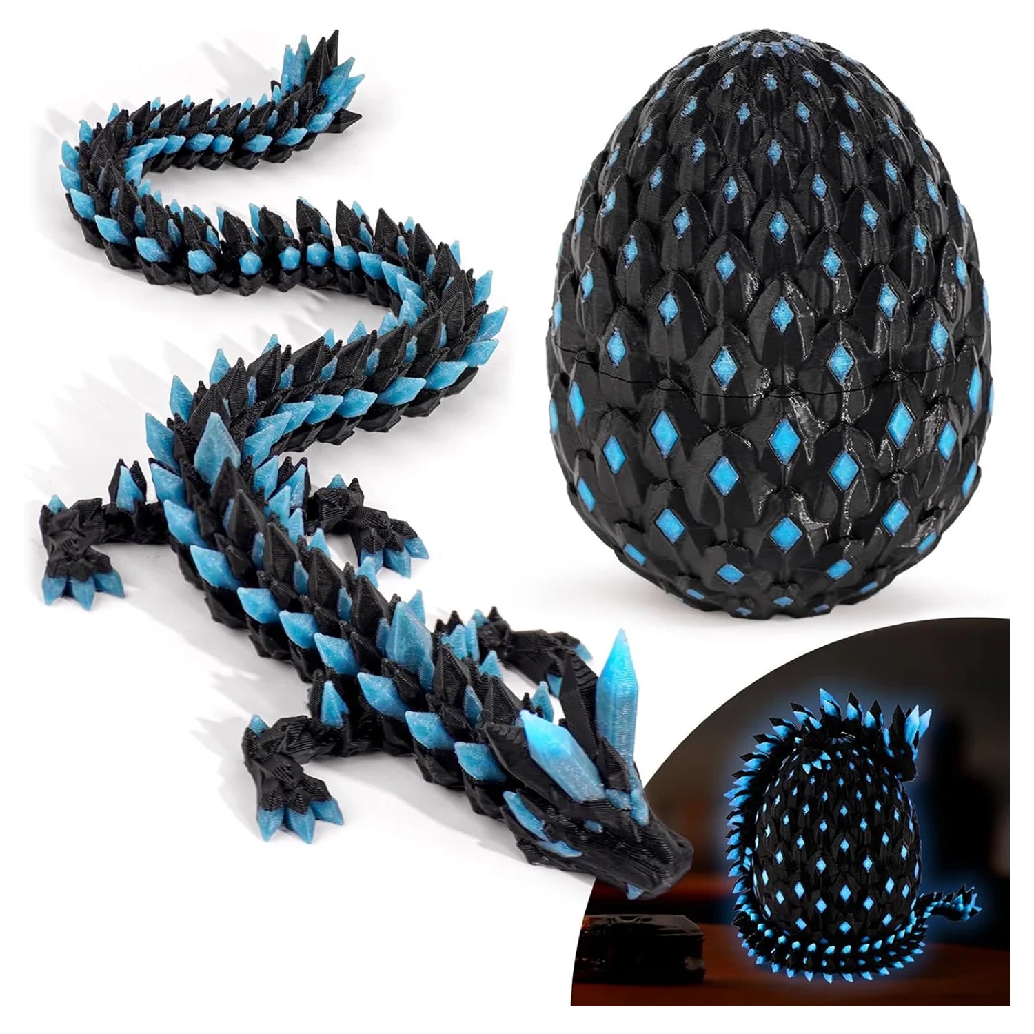 3D Printed Dragon Glow in The Dark with Matching Egg – UV Reactive 3D Printed Dragon Egg Set – Upgraded 2025 Collectible for Fantasy Fans