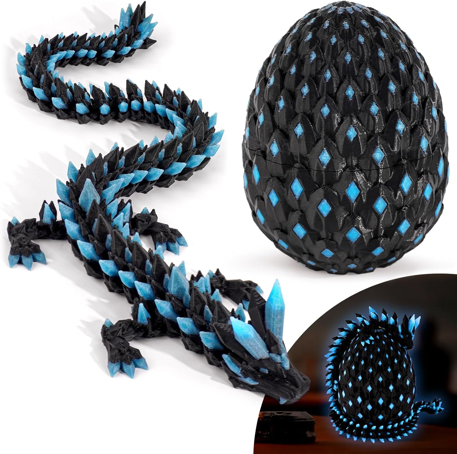 3D Printed Dragon Glow in The Dark with Matching Egg – UV Reactive 3D Printed Dragon Egg Set – Upgraded 2025 Collectible for Fantasy Fans