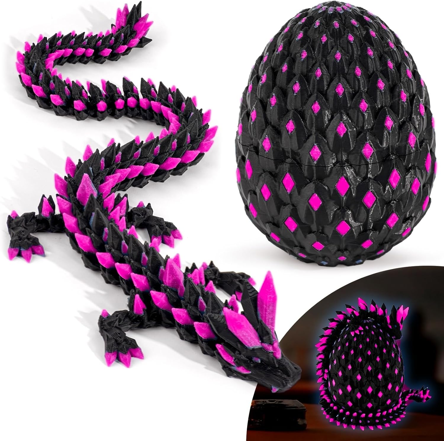 3D Printed Dragon Glow in The Dark with Matching Egg – UV Reactive 3D Printed Dragon Egg Set – Upgraded 2025 Collectible for Fantasy Fans