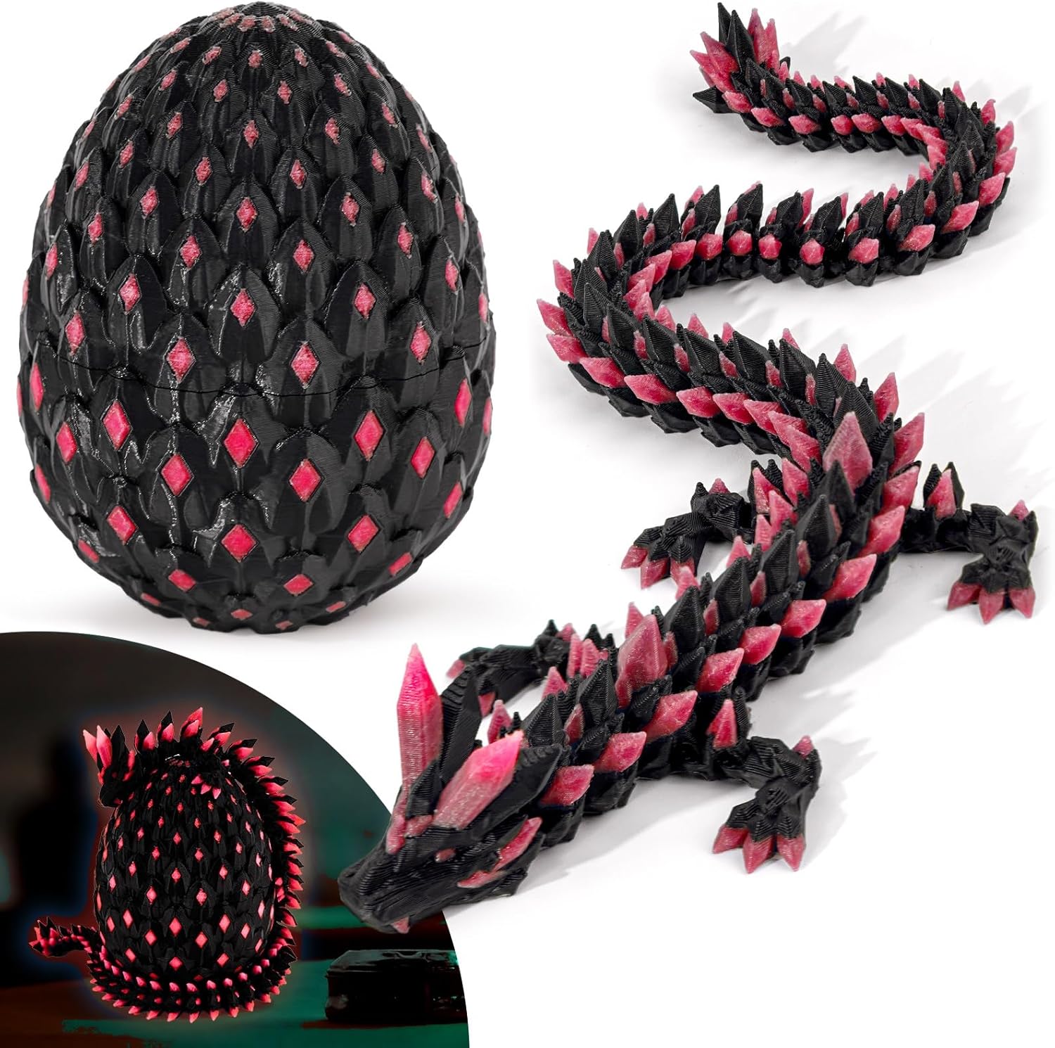 3D Printed Dragon Glow in The Dark with Matching Egg – UV Reactive 3D Printed Dragon Egg Set – Upgraded 2025 Collectible for Fantasy Fans