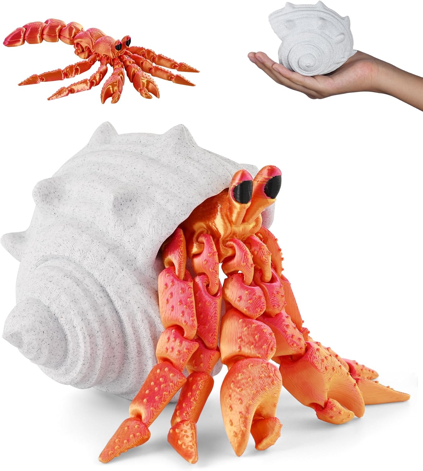3D printed 7.8-inch movable hermit crab with combinable shell, a collectible gift for animal lovers (red).