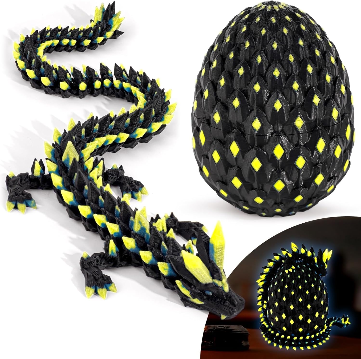 3D Printed Dragon Glow in The Dark with Matching Egg – UV Reactive 3D Printed Dragon Egg Set – Upgraded 2025 Collectible for Fantasy Fans