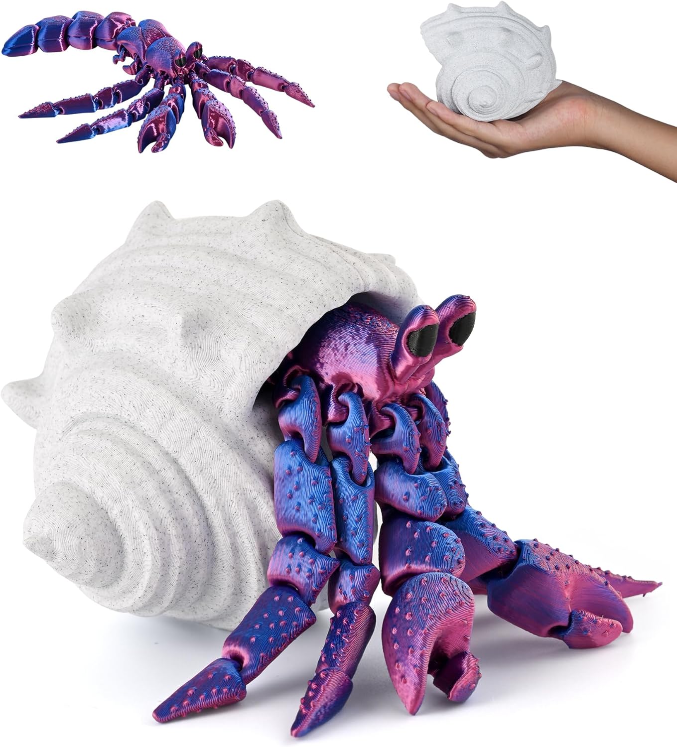 3D printed 7.8-inch movable hermit crab with combinable shell, a collectible gift for animal lovers (red).