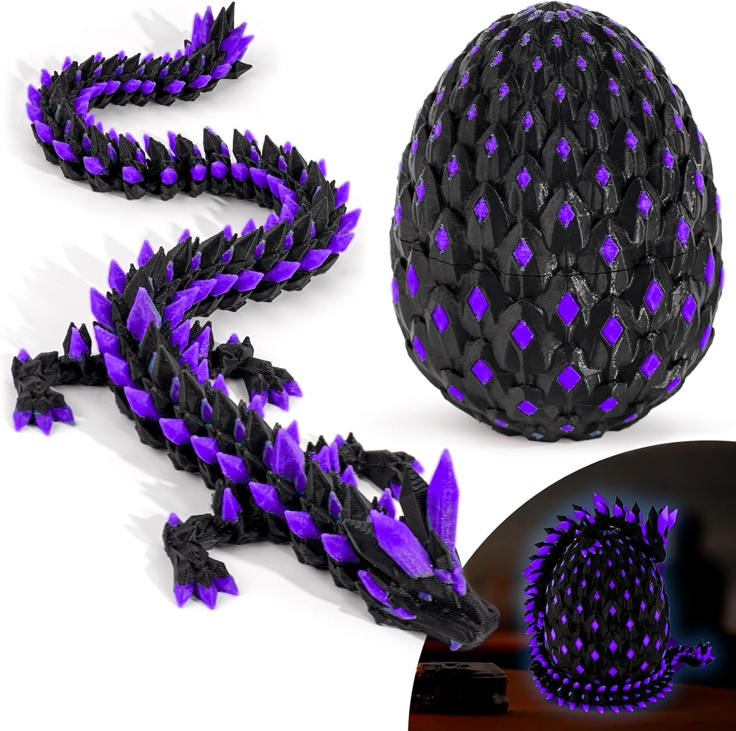 3D Printed Dragon Glow in The Dark with Matching Egg – UV Reactive 3D Printed Dragon Egg Set – Upgraded 2025 Collectible for Fantasy Fans